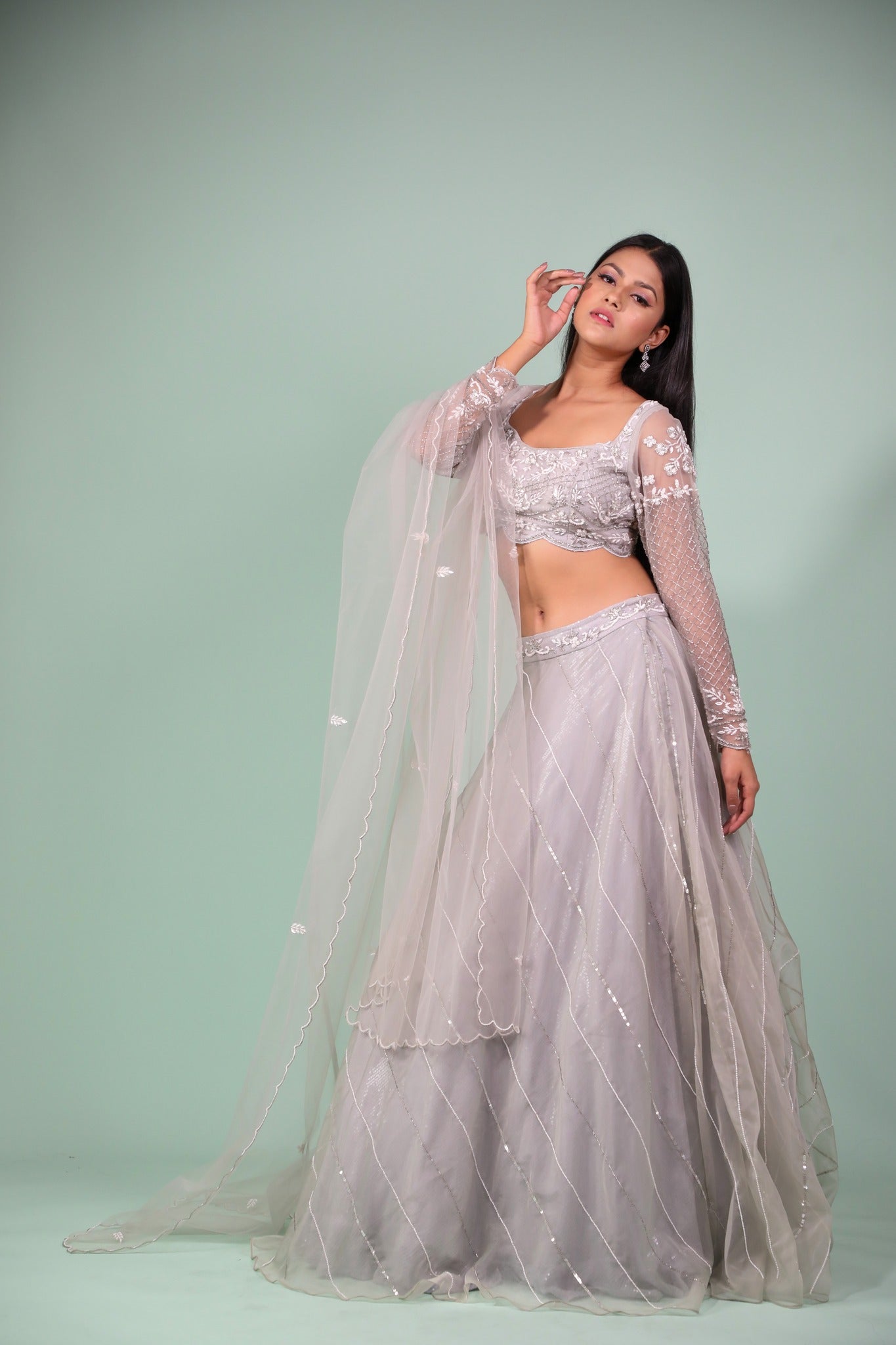 Grey Lehenga And Crop top Embellished With Pearl, cutdana and zardosi work