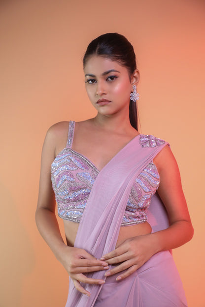 Mauve Pinkk Pre-Draped Saree In Georgette With Handwork Blouse