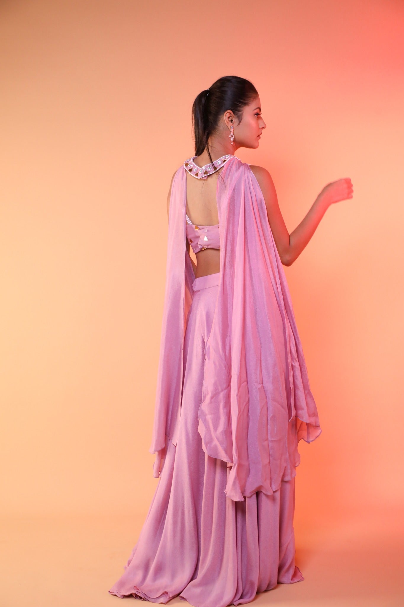 Onion Pink Plazo Set In Georgette With Hand Work On Blouse.