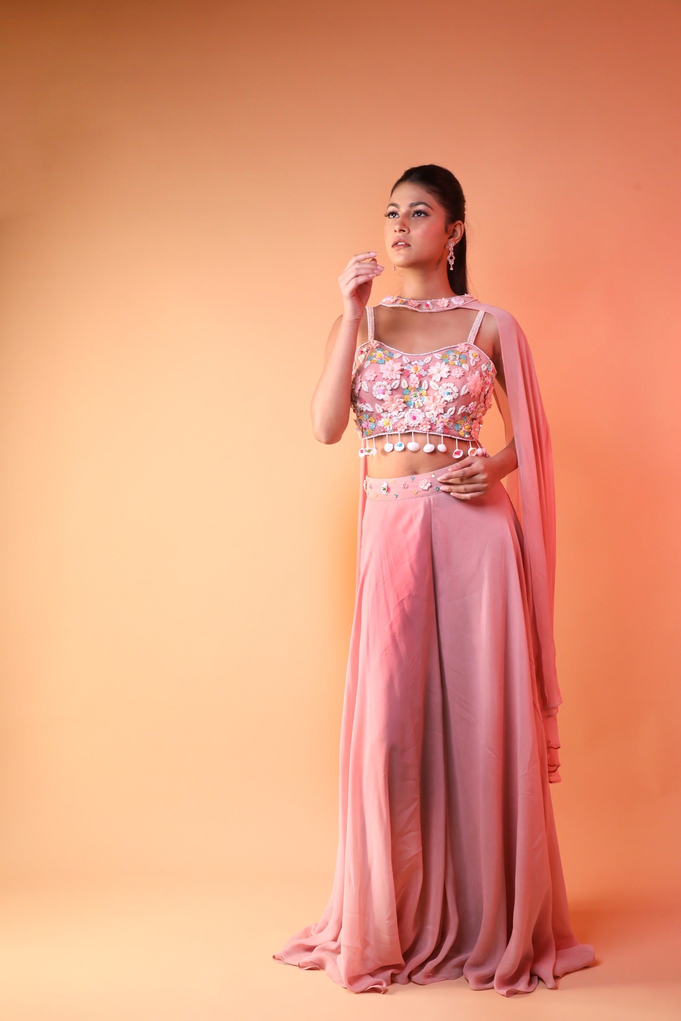 Peach Plazo Set In Georgette With Floral Handwork