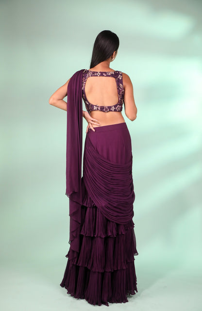 Purple Pre-Draped Layered Frill Saree with Embroidered Blouse