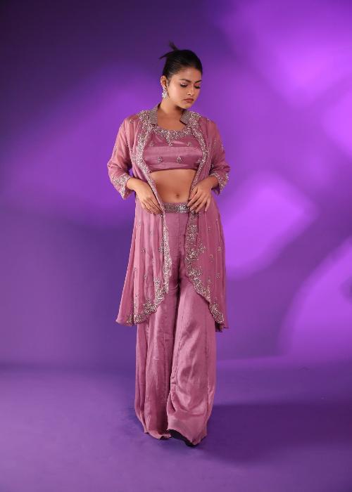 Mauve Plazo Set With Hand Embroidered Blouse And Jacket