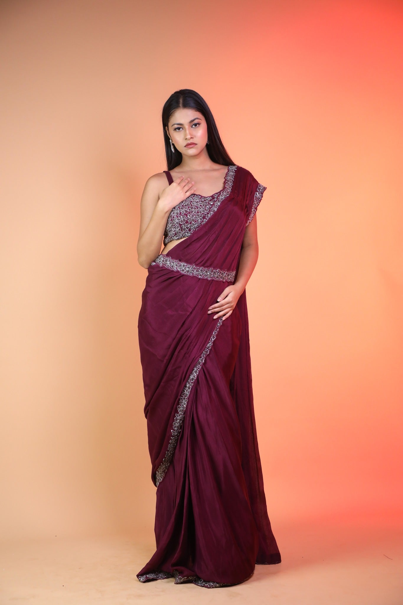 Dark Wine Ready Pleated Saree With Handwork Blouse