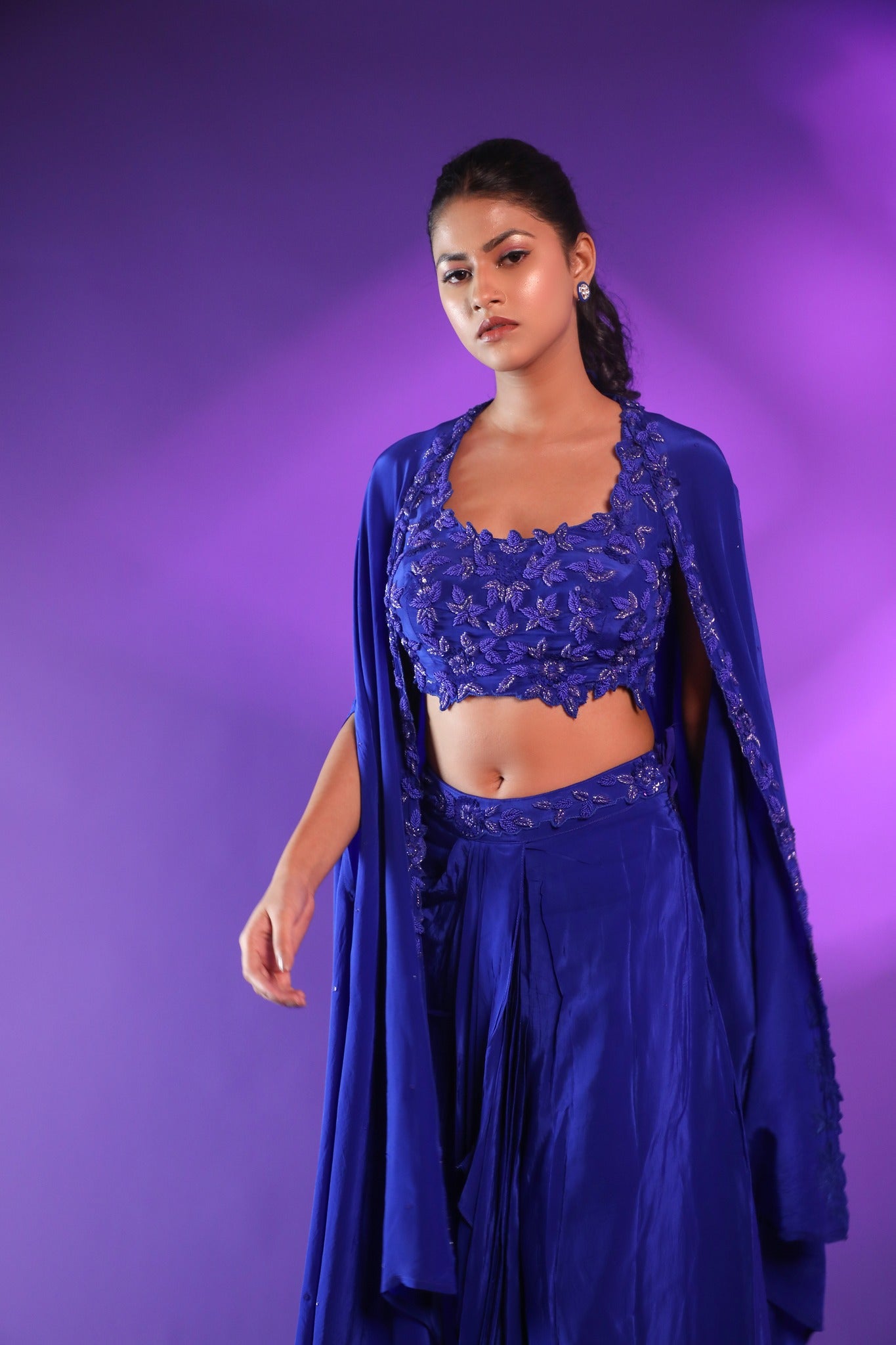 Blue Drape Skirt With Hand Embroidery Blouse And Cape