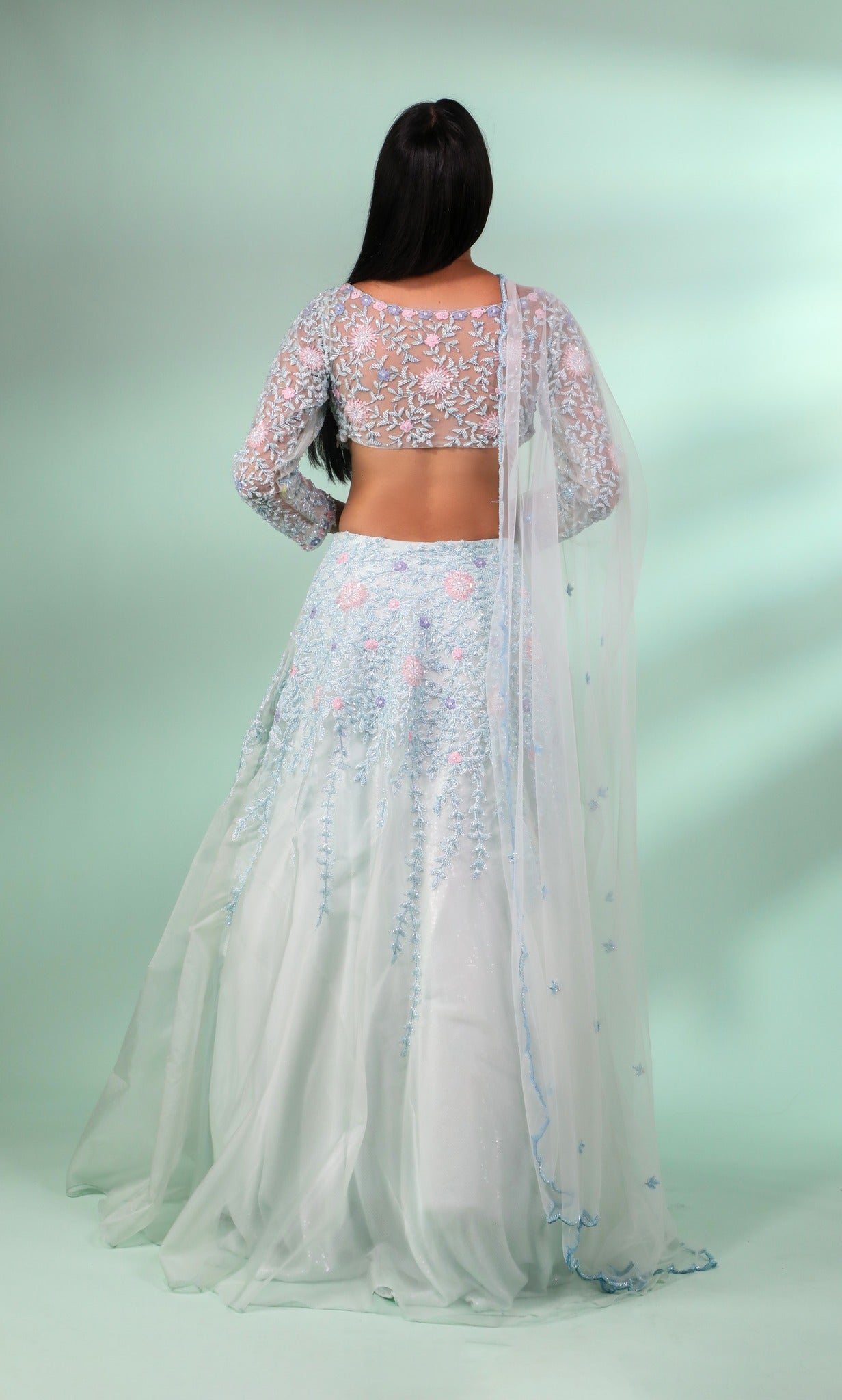 Light Green Lehenga Choli Set With Handwork In Floral Blossoms