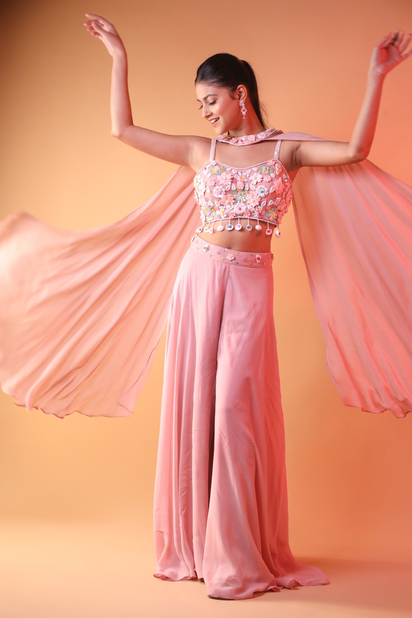 Peach Plazo Set In Georgette With Floral Handwork