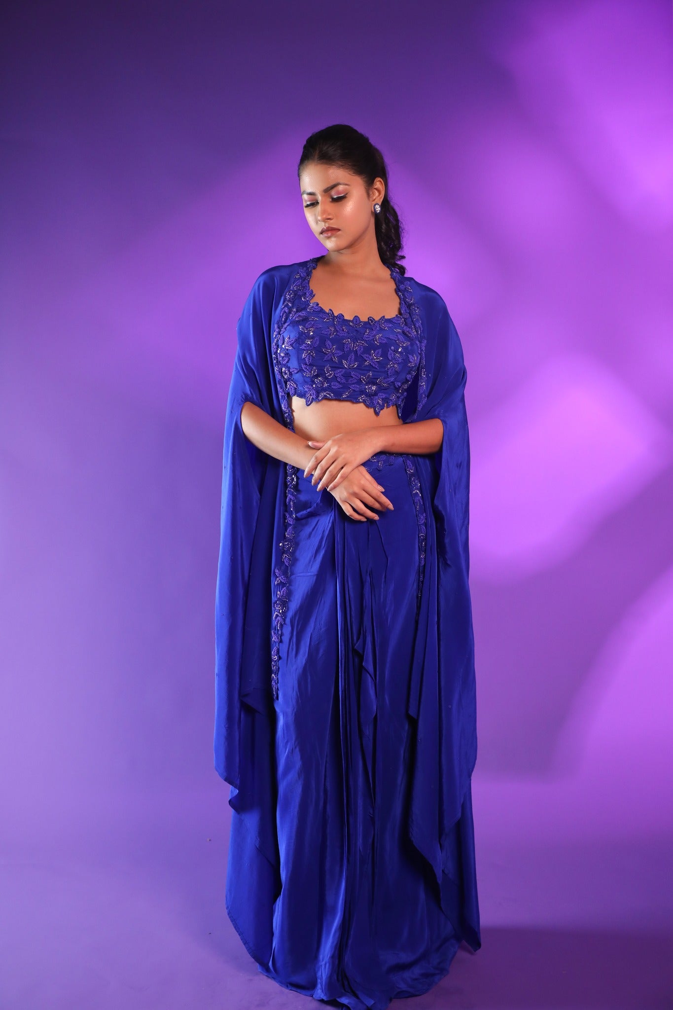 Blue Drape Skirt With Hand Embroidery Blouse And Cape