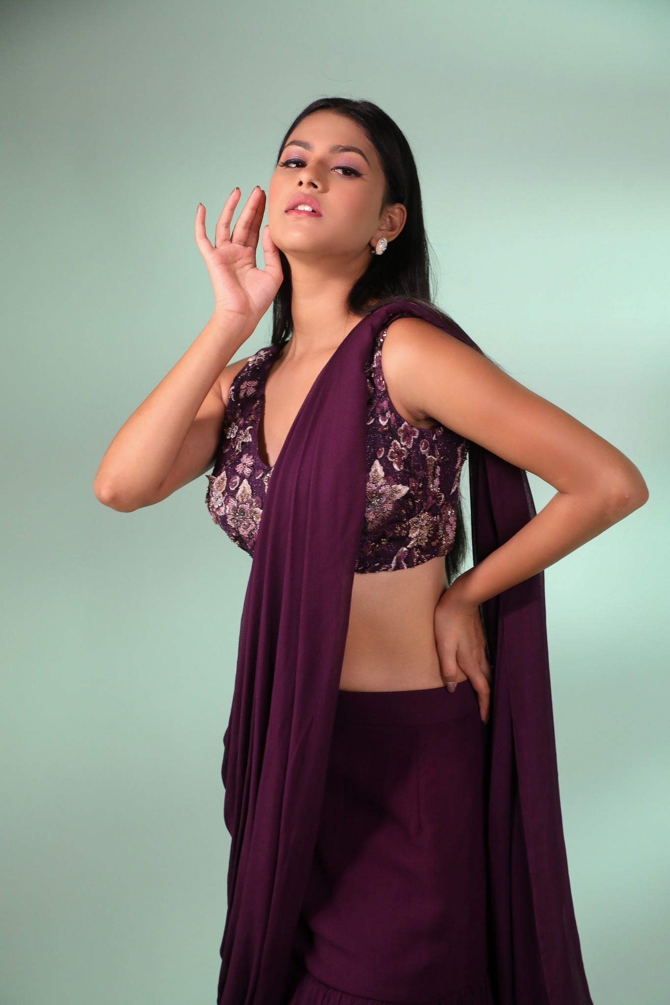 Purple Pre-Draped Layered Frill Saree with Embroidered Blouse