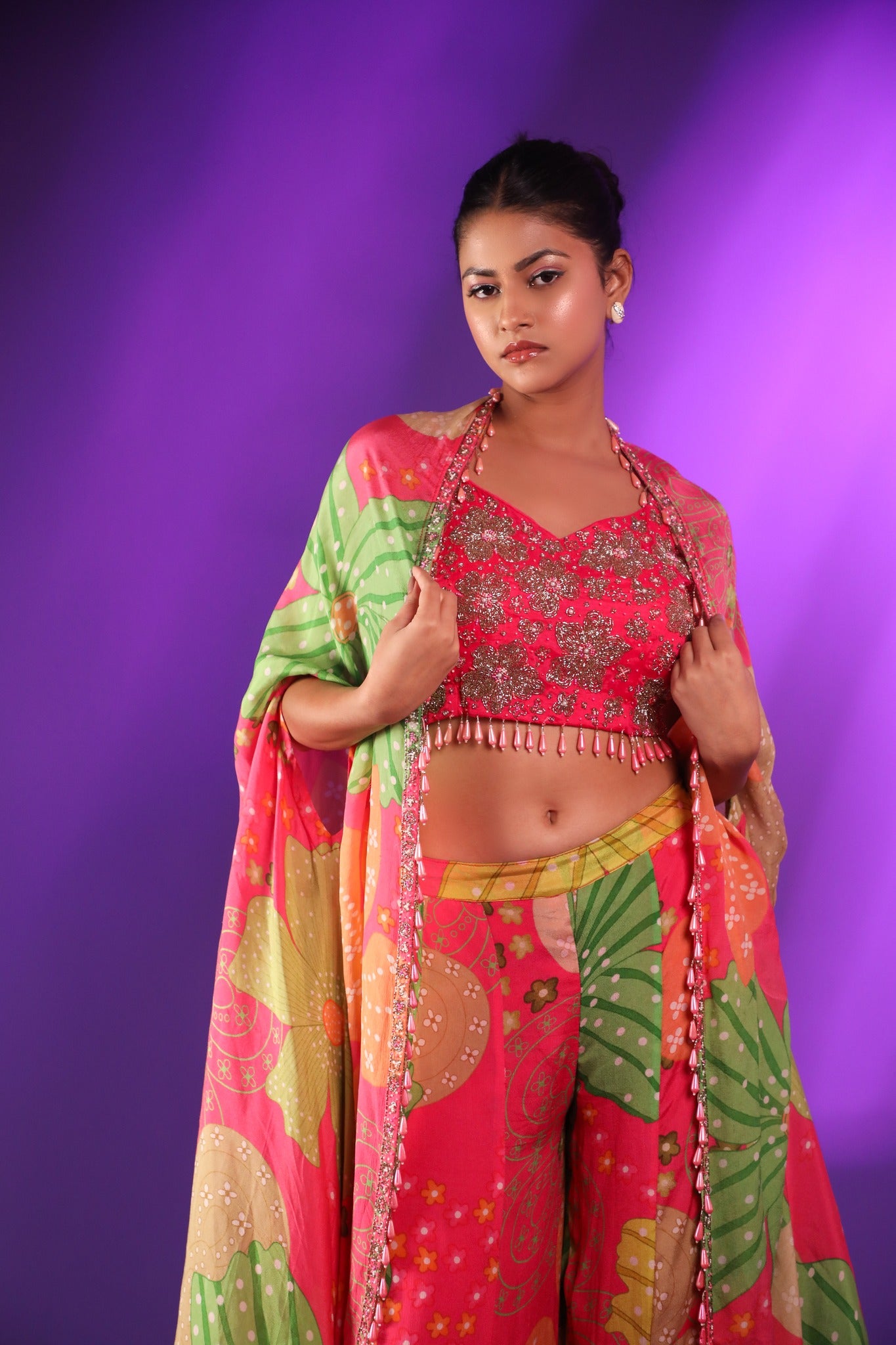 Pink Printed Plazo And Jacket With Handwork Blouse Adorned With Cutdana & Beads