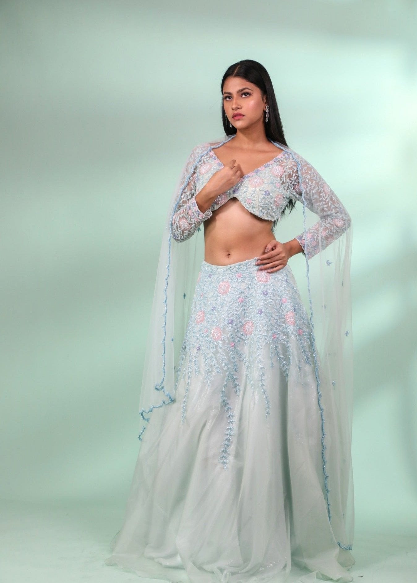 Light Green Lehenga Choli Set With Handwork In Floral Blossoms