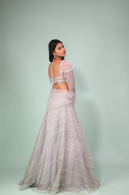 Grey Lehenga And Crop top Embellished With Pearl, cutdana and zardosi work