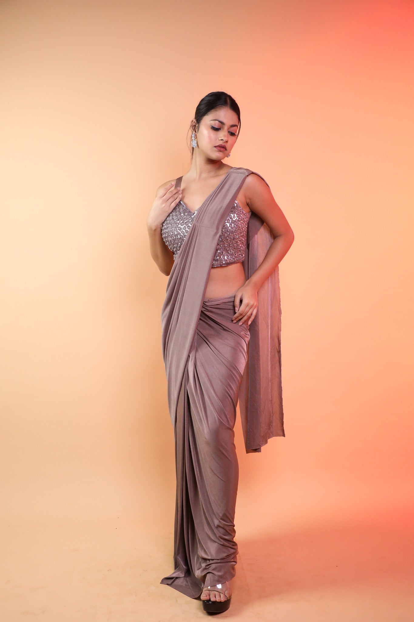 Light Brown Ready Pleated Saree With Handwork Blouse And Jacket