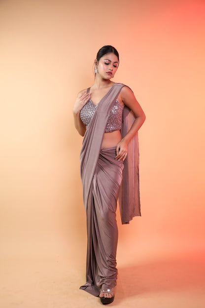 Light Brown Ready Pleated Saree With Handwork Blouse And Jacket