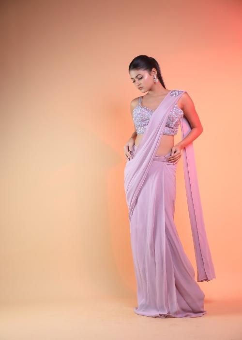 Mauve Pinkk Pre-Draped Saree In Georgette With Handwork Blouse