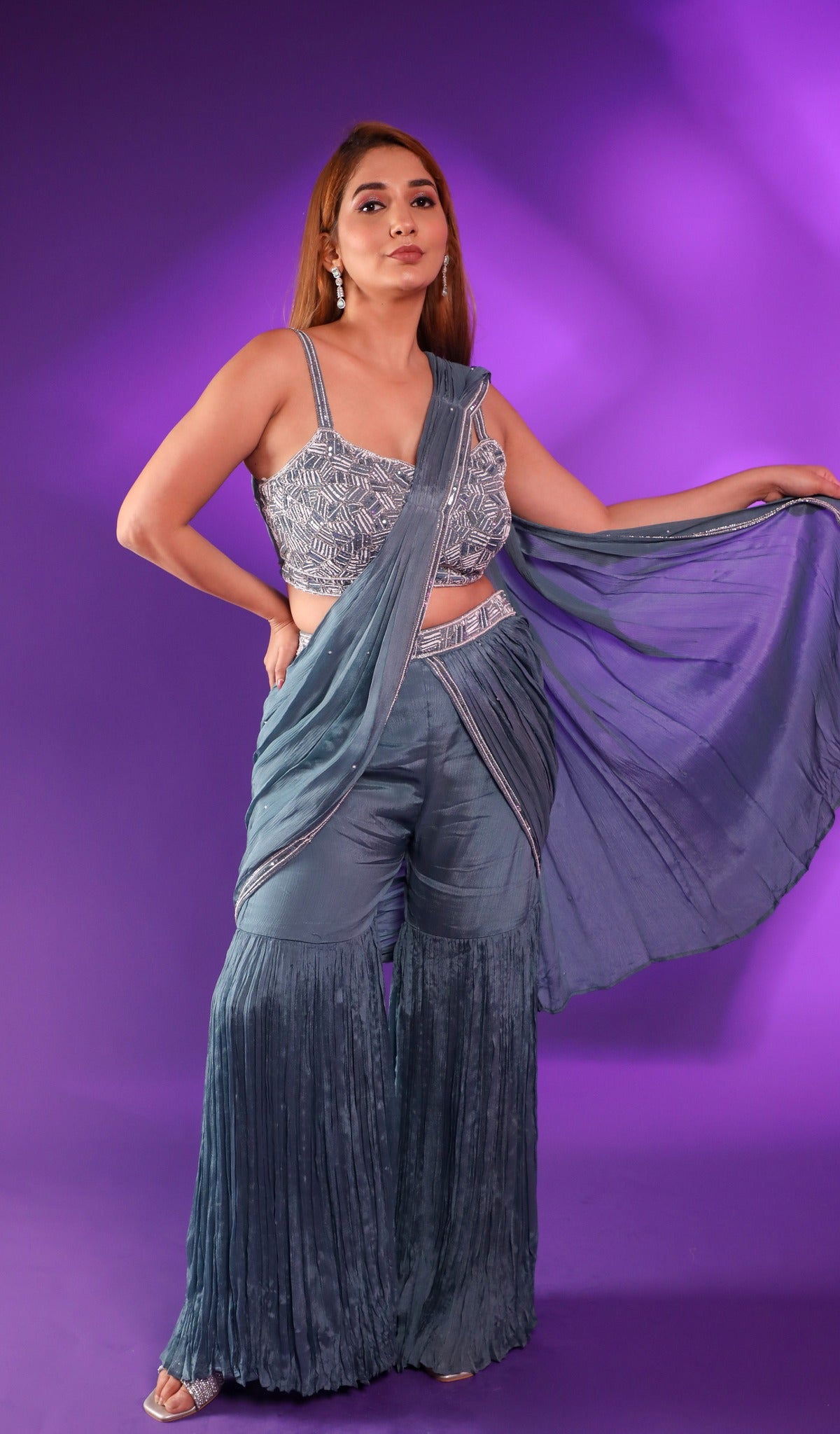 Blue Sapphire Frill Saree With Embroidered Blouse