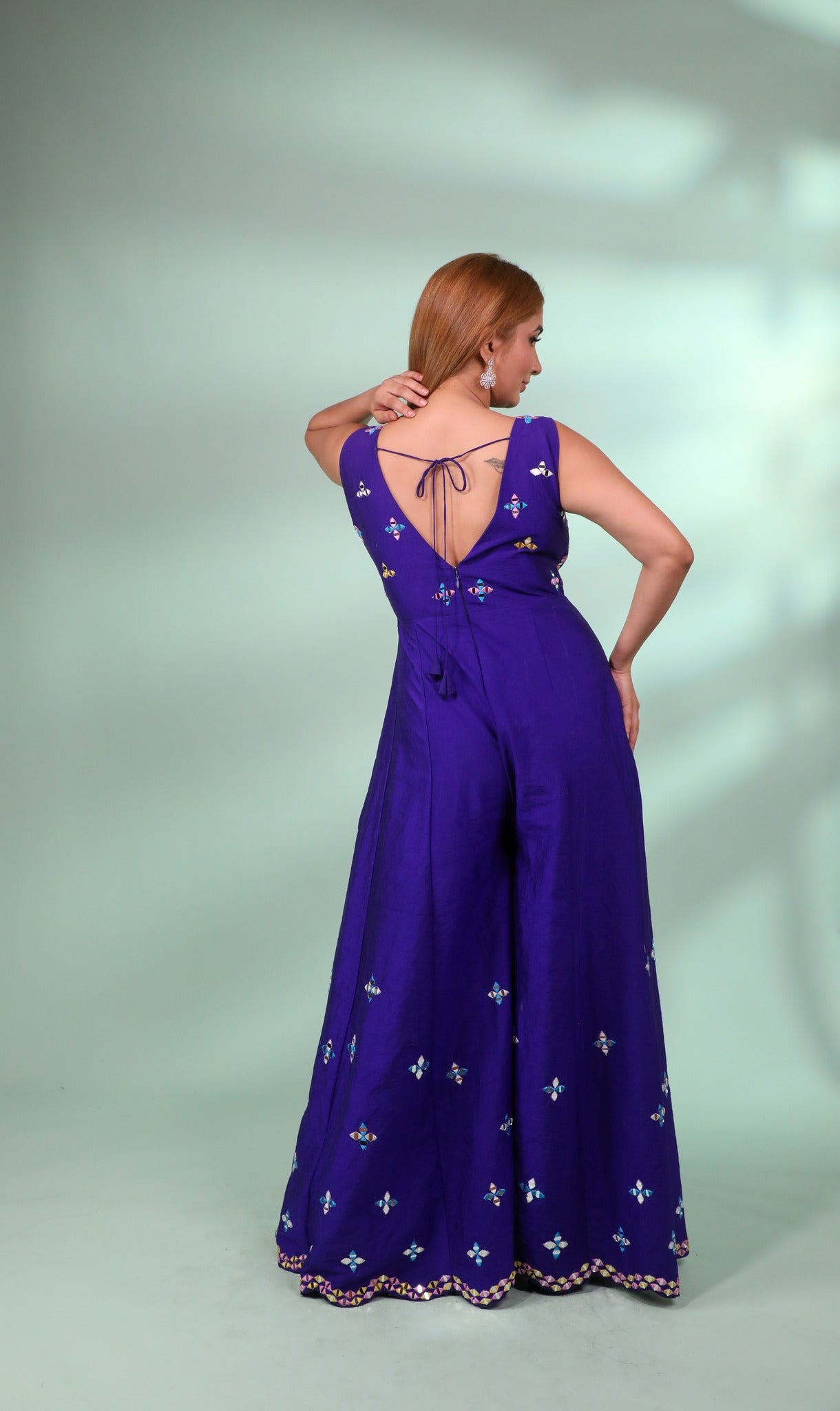 Blue Jumpsuit In Raw Silk With Front Cutout & Mirror Embroidered Floral Blooms