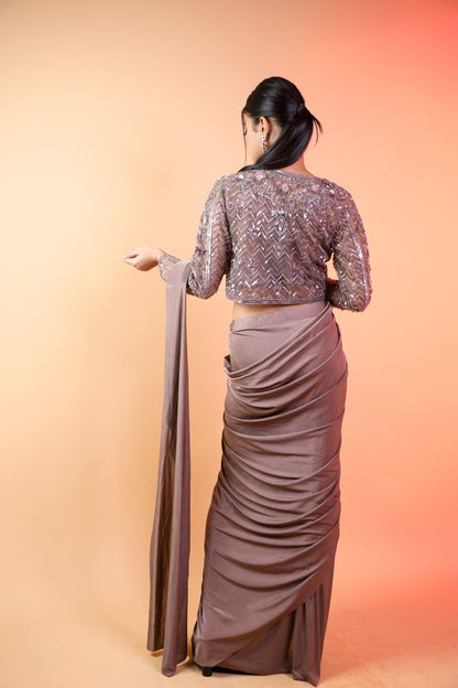 Light Brown Ready Pleated Saree With Handwork Blouse And Jacket