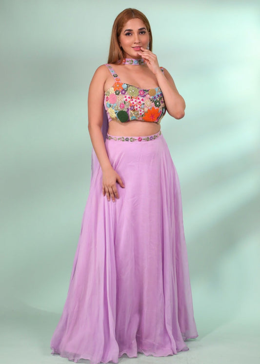 Lilac Lehenga Choli With Embroidery In Floral Blossoms