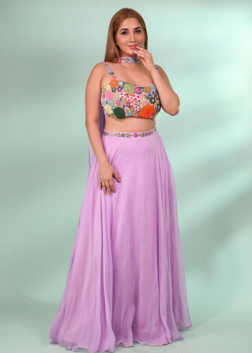 Lilac Lehenga Choli With Embroidery In Floral Blossoms