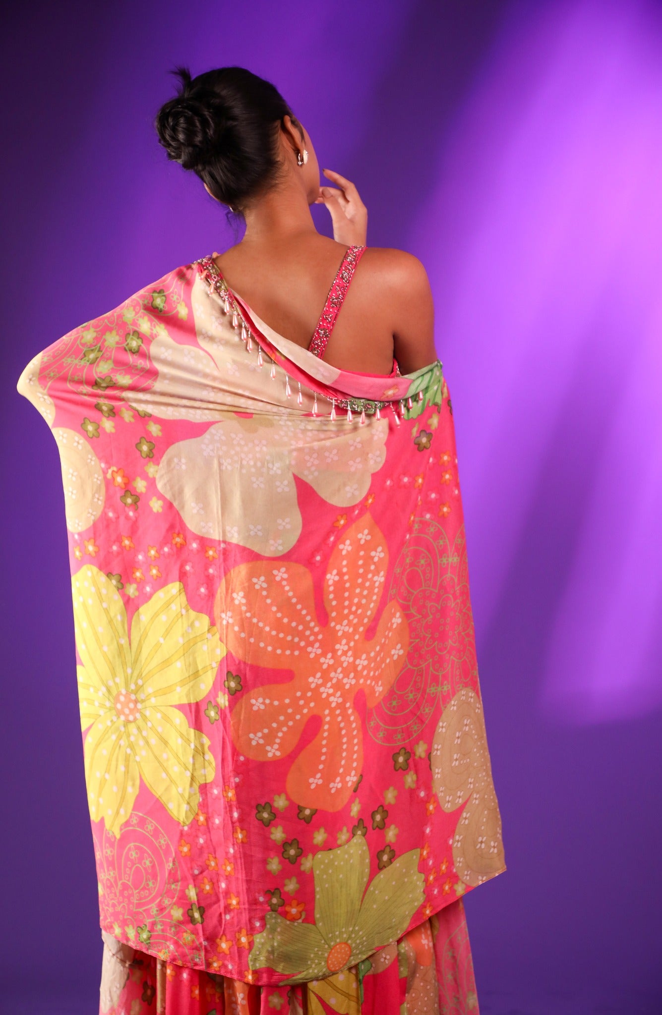 Pink Printed Plazo And Jacket With Handwork Blouse Adorned With Cutdana & Beads