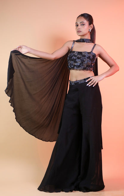 Black Plazo Set With Choker Dupatta In Handwork