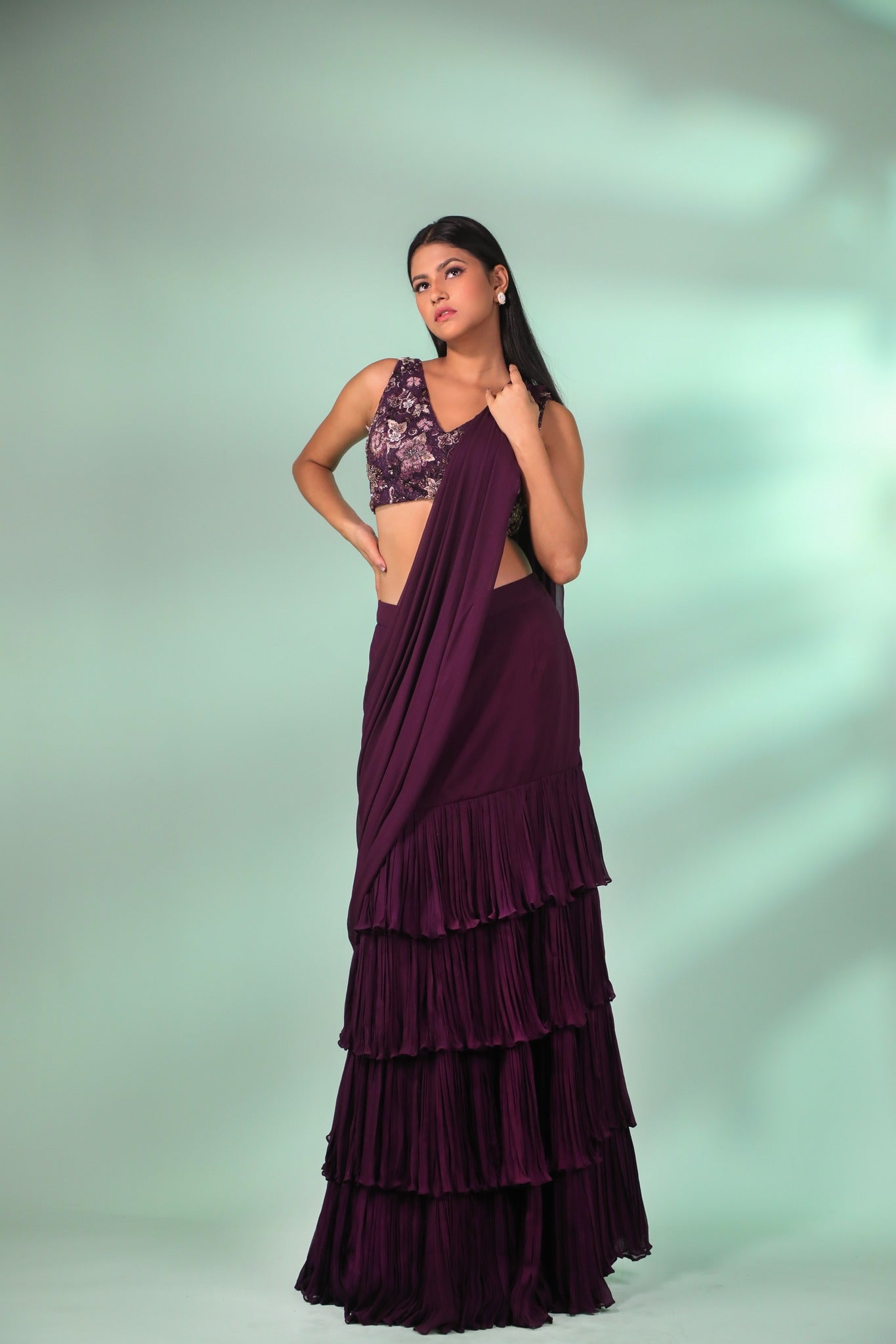 Purple Pre-Draped Layered Frill Saree with Embroidered Blouse