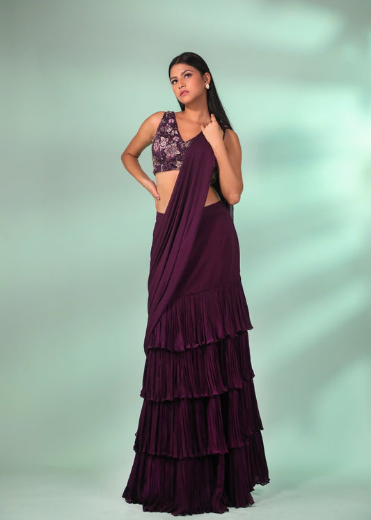 Purple Pre-Draped Layered Frill Saree with Embroidered Blouse