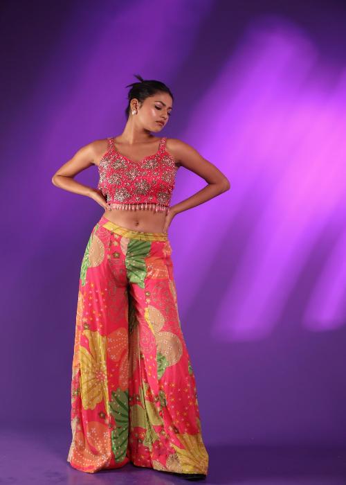 Pink Printed Plazo And Jacket With Handwork Blouse Adorned With Cutdana & Beads