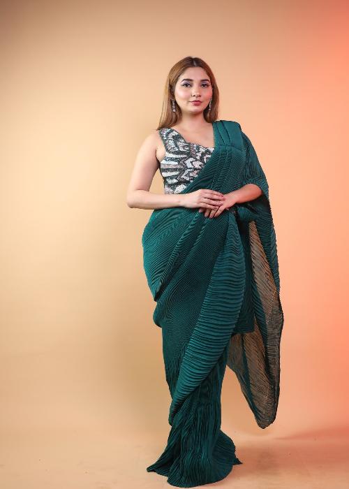 Green Ready Pleated  Indo Western Saree With Handwork Blouse And Belt