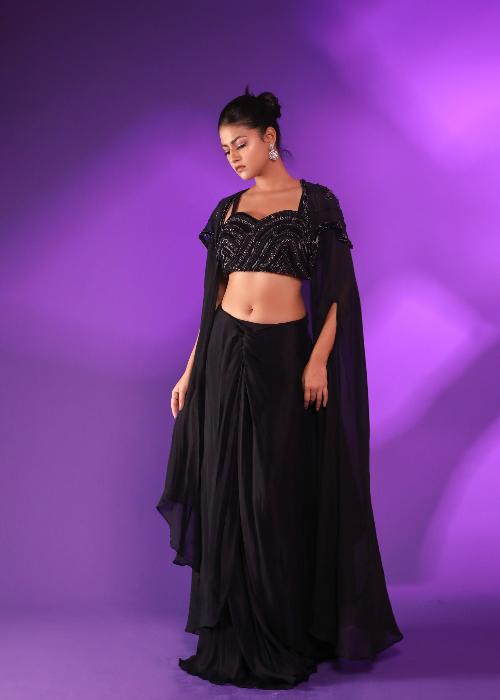 Black Drape Skirt With Hand Embroidered Blouse And Cape