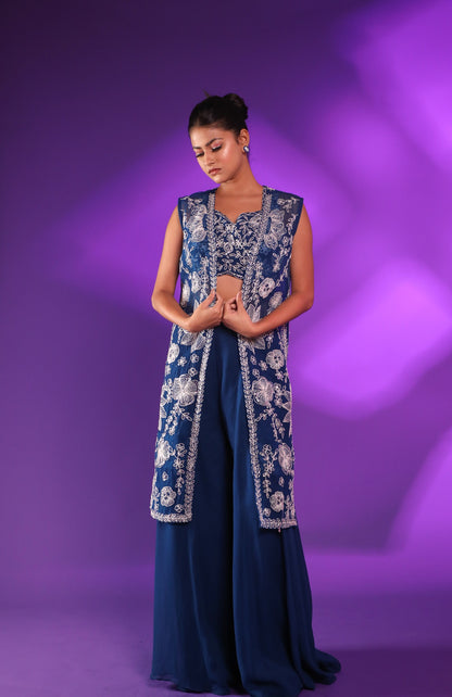 Blue Plazo Set With Hand Embroidered Blouse And Jacket