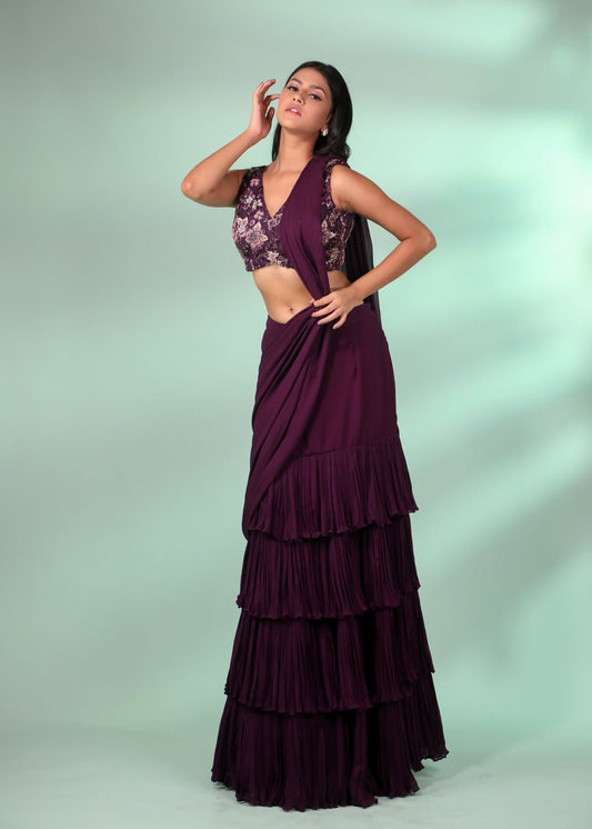 Purple Pre-Draped Layered Frill Saree with Embroidered Blouse