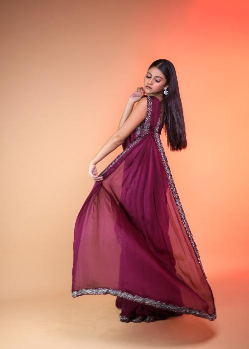 Dark Wine Ready Pleated Saree With Handwork Blouse