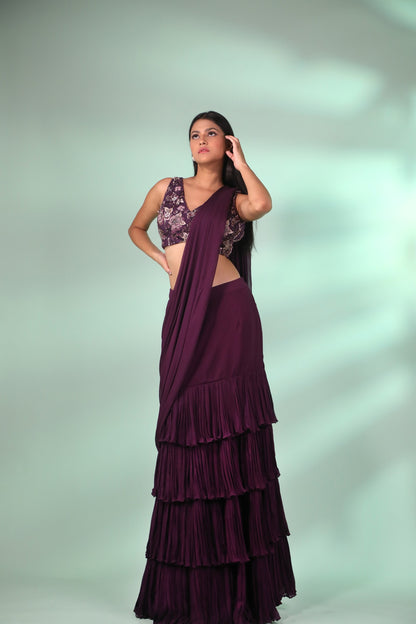 Purple Pre-Draped Layered Frill Saree with Embroidered Blouse