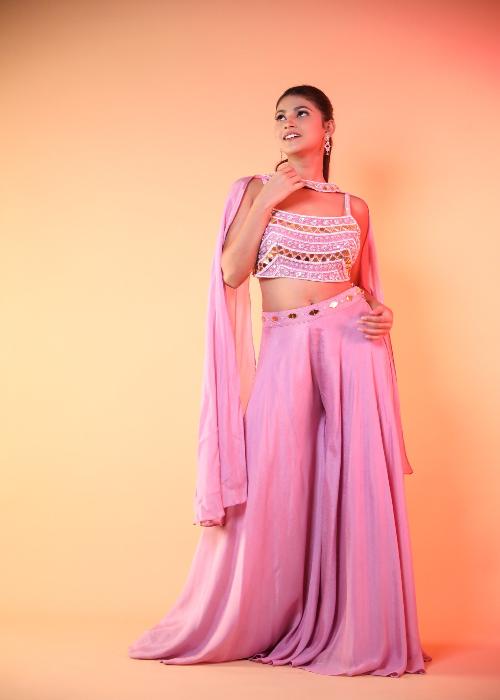 Onion Pink Plazo Set In Georgette With Hand Work On Blouse.