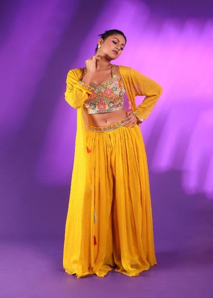 Yellow Plazo With Hand Embroidered Blouse And Long Jacket