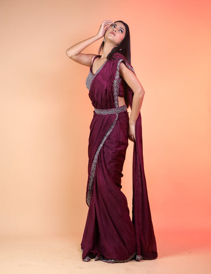 Dark Wine Ready Pleated Saree With Handwork Blouse