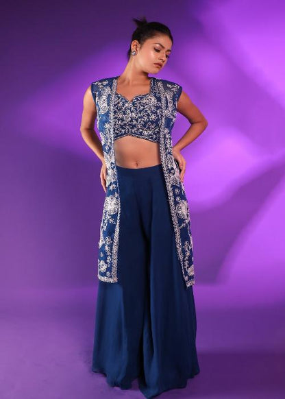 Blue Plazo Set With Hand Embroidered Blouse And Jacket