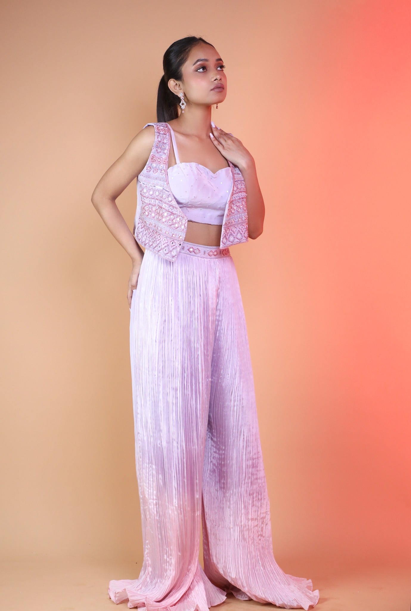 Lilac plazo And Crop Top With Matching Jacket In Handwork