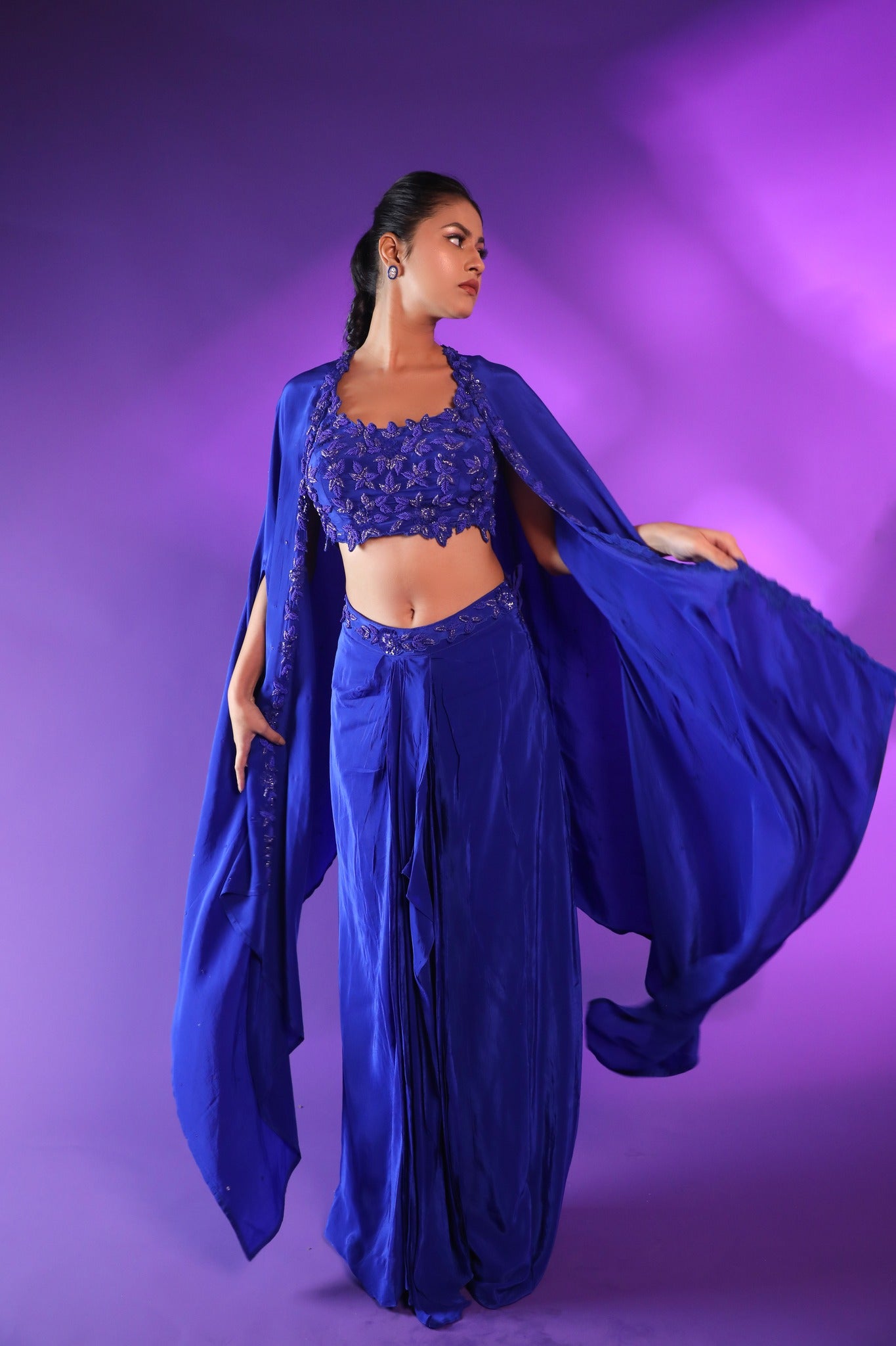 Blue Drape Skirt With Hand Embroidery Blouse And Cape