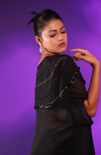 Black Drape Skirt With Hand Embroidered Blouse And Cape