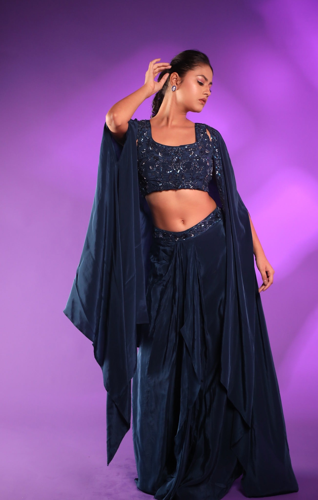 Dark Blue Drape Skirt With Hand Embroidered Blouse And Cape