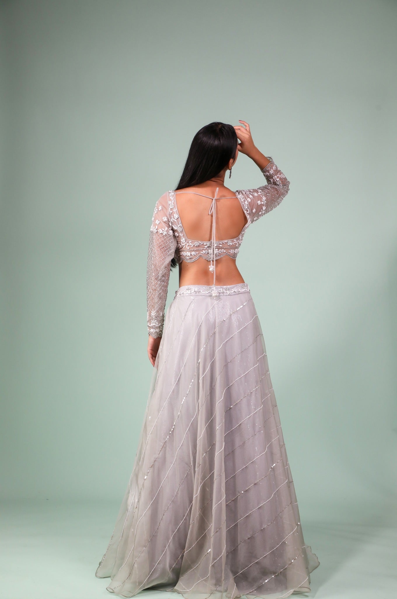 Grey Lehenga And Crop top Embellished With Pearl, cutdana and zardosi work