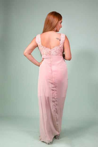 peach Gown Dress In Crape With Hand Embroidery On Bodice And Side Slit