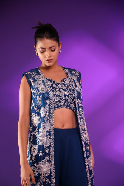 Blue Plazo Set With Hand Embroidered Blouse And Jacket