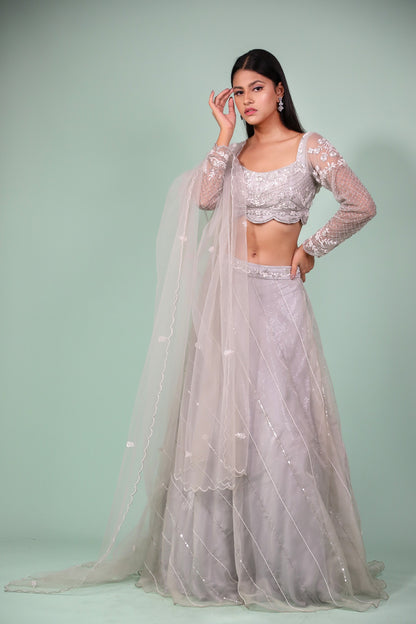 Grey Lehenga And Crop top Embellished With Pearl, cutdana and zardosi work