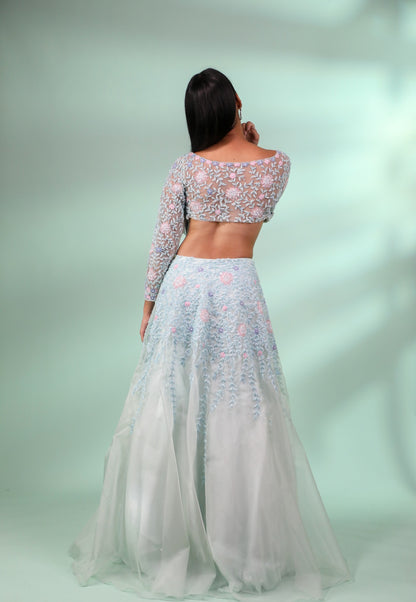 Light Green Lehenga Choli Set With Handwork In Floral Blossoms