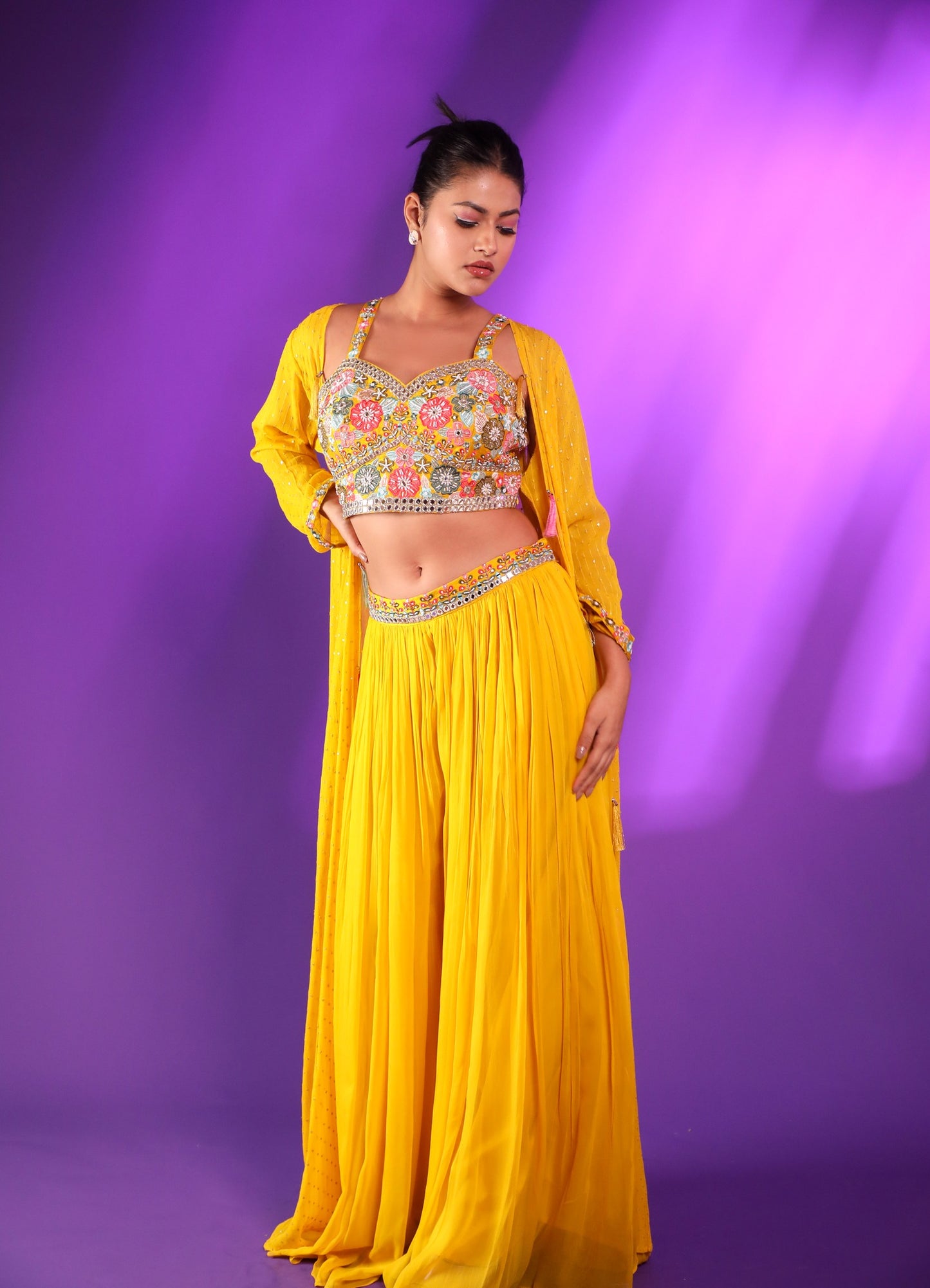 Yellow Plazo With Hand Embroidered Blouse And Long Jacket