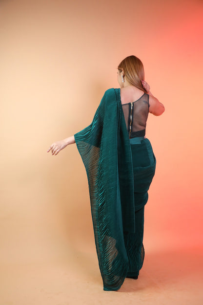 Green Ready Pleated  Indo Western Saree With Handwork Blouse And Belt