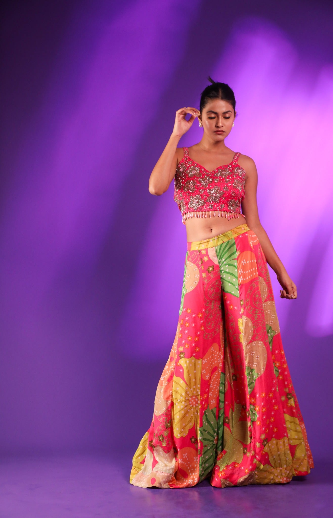 Pink Printed Plazo And Jacket With Handwork Blouse Adorned With Cutdana & Beads